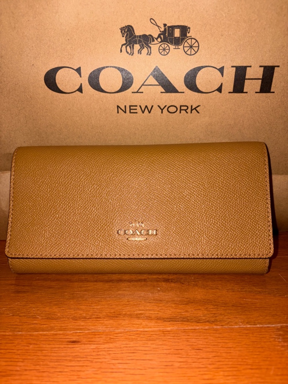 COACH Leather Continental Wallet in Saddle Tan (Tri-Fold)